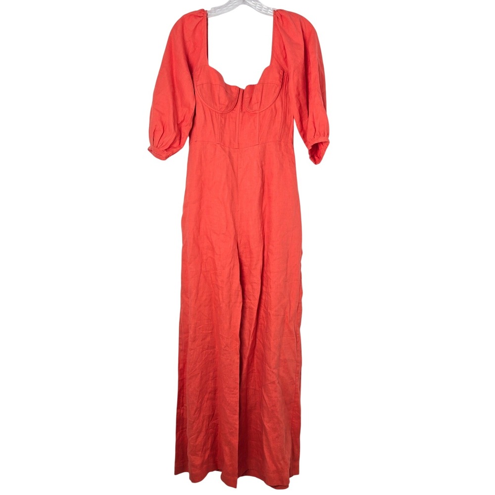 Capulet Orange Linen Blend Wide Leg‎ Jumpsuit Square Neck Puff Sleeve Size S